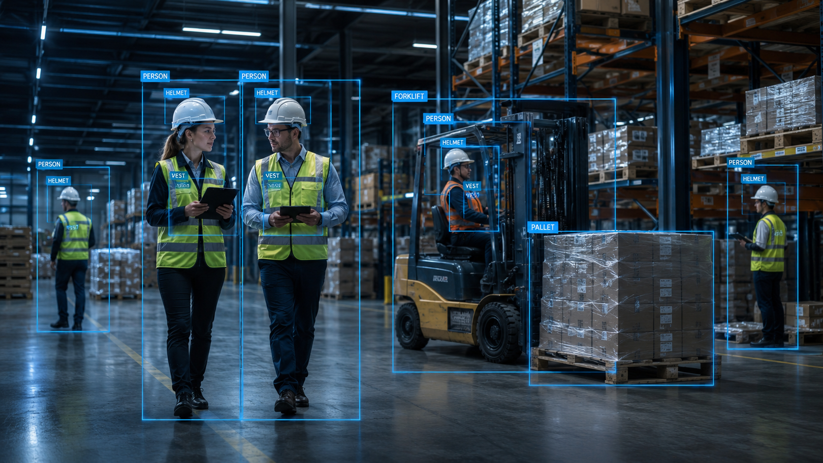 AI-assisted warehouse safety monitoring with object detection overlays